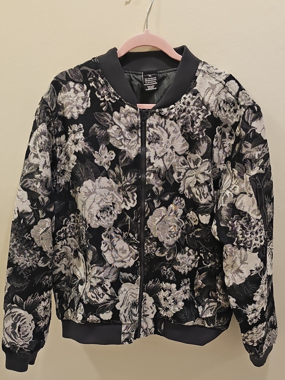 Ring of Fire Black & Silver Floral Jacquard Bomber Jacket